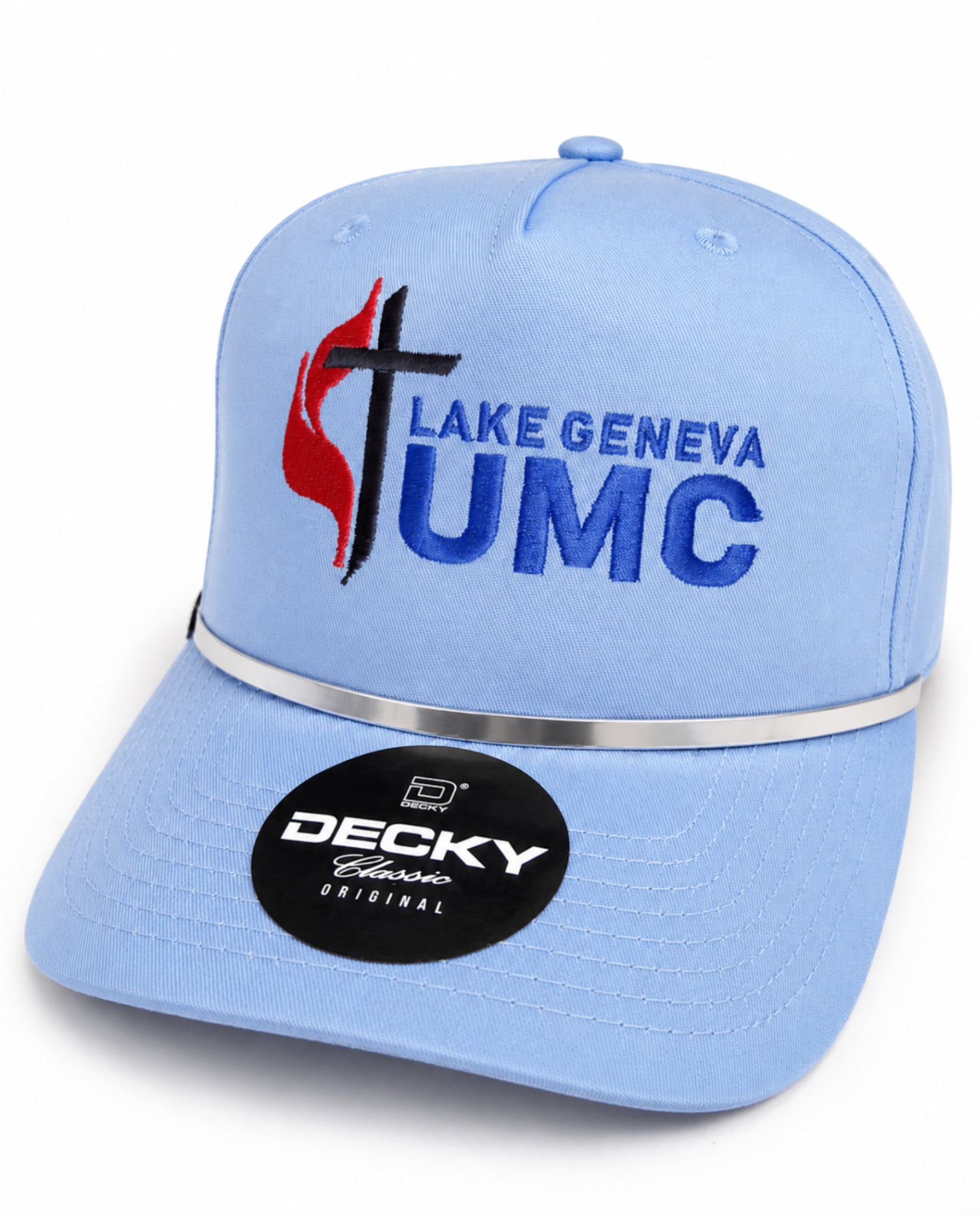 Light blue rope cap embroidered with the Lake Geneva UMC logo and United Methodist cross and flame.