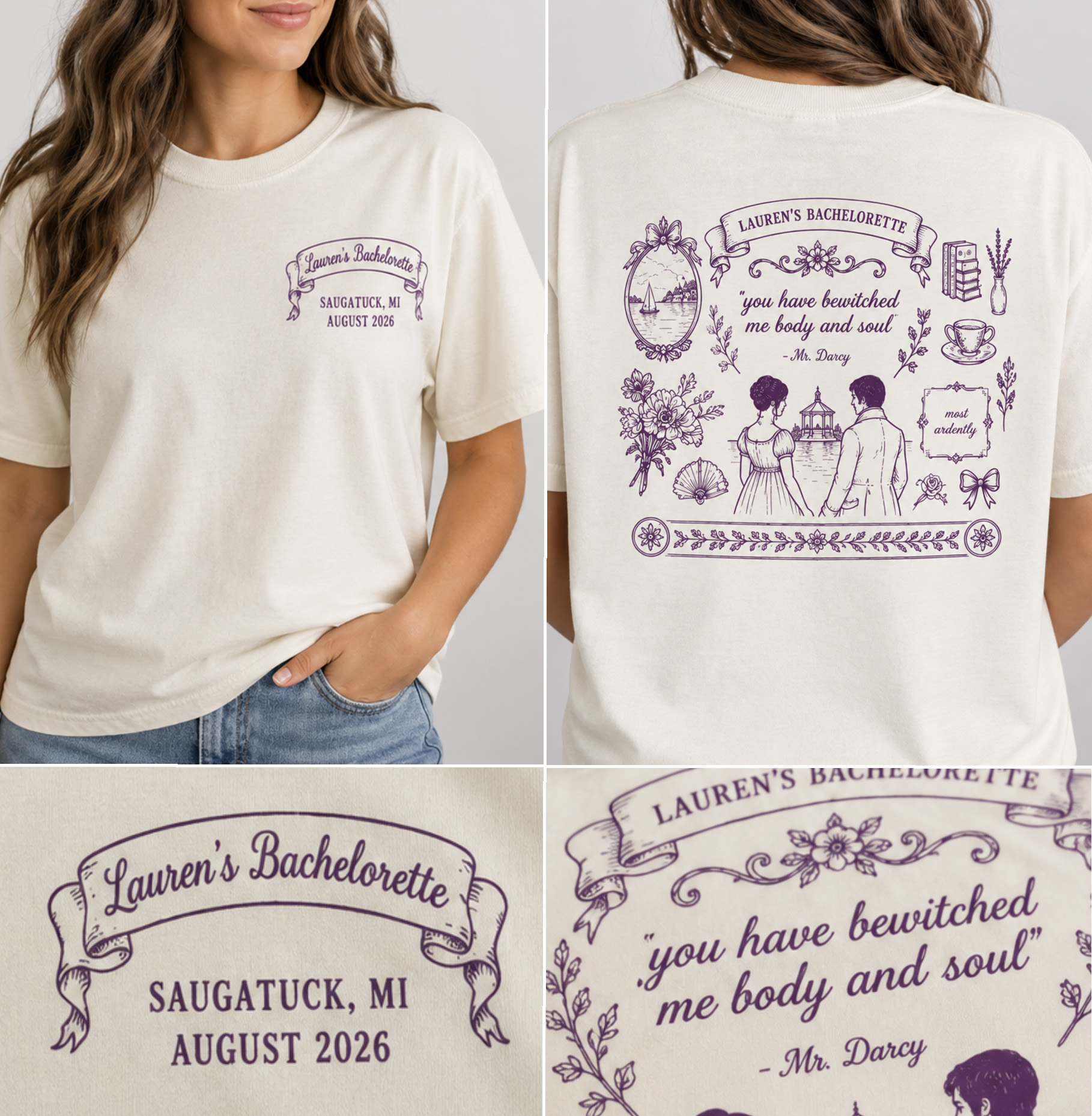 Four-panel mockup of a cream bachelorette t-shirt with a small Lauren's Bachelorette chest graphic and a large back design featuring a Regency-era quote, illustrations, and floral border.