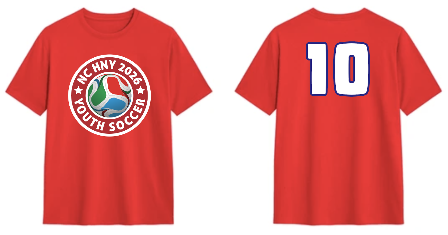 Red shirt — NC HNY 2026 Youth Soccer jersey, front crest and back number