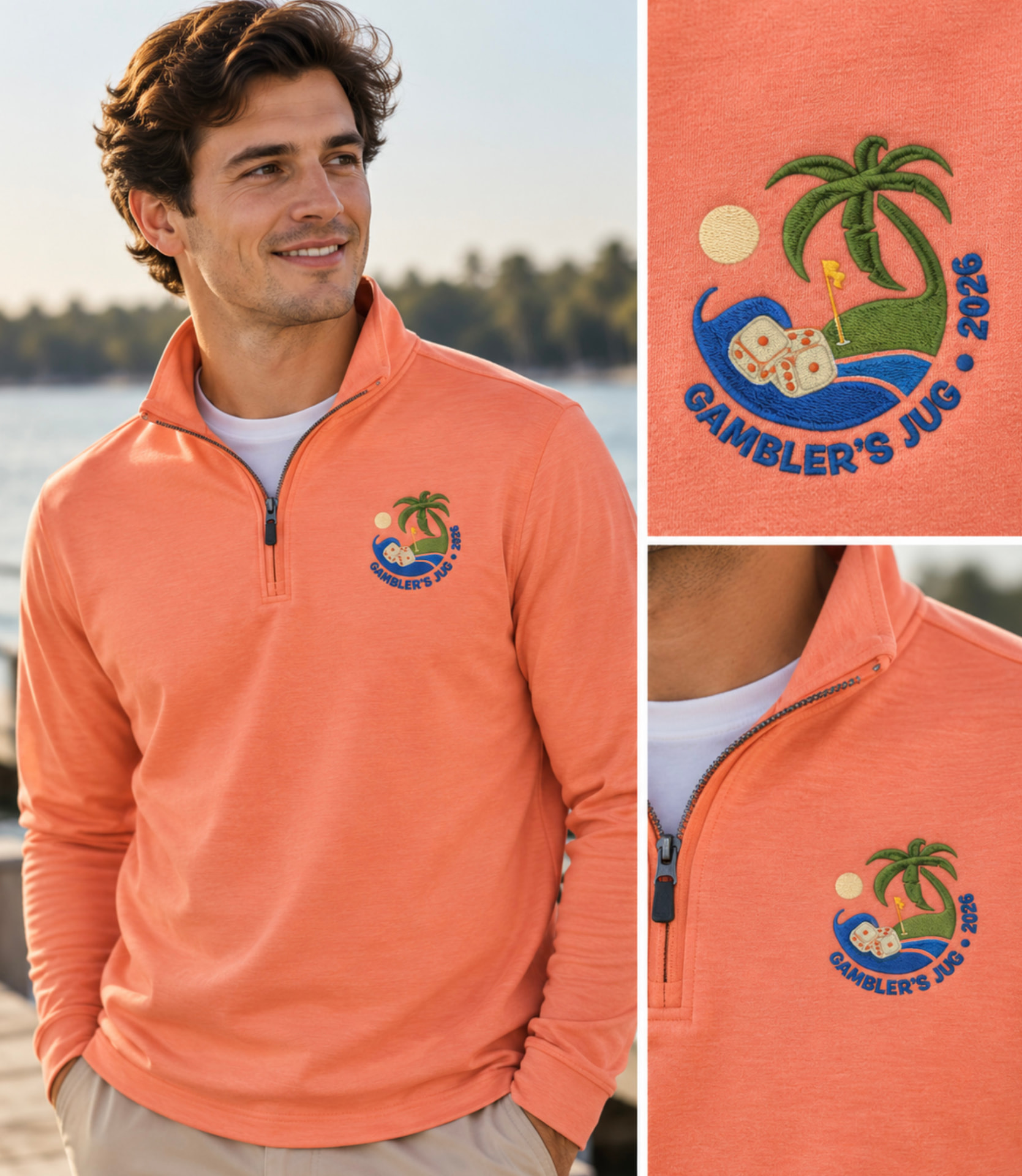Coral half-zip pullover with an embroidered circular Gambler's Jug 2026 logo featuring a palm tree, dice, and tropical scene on the left chest.