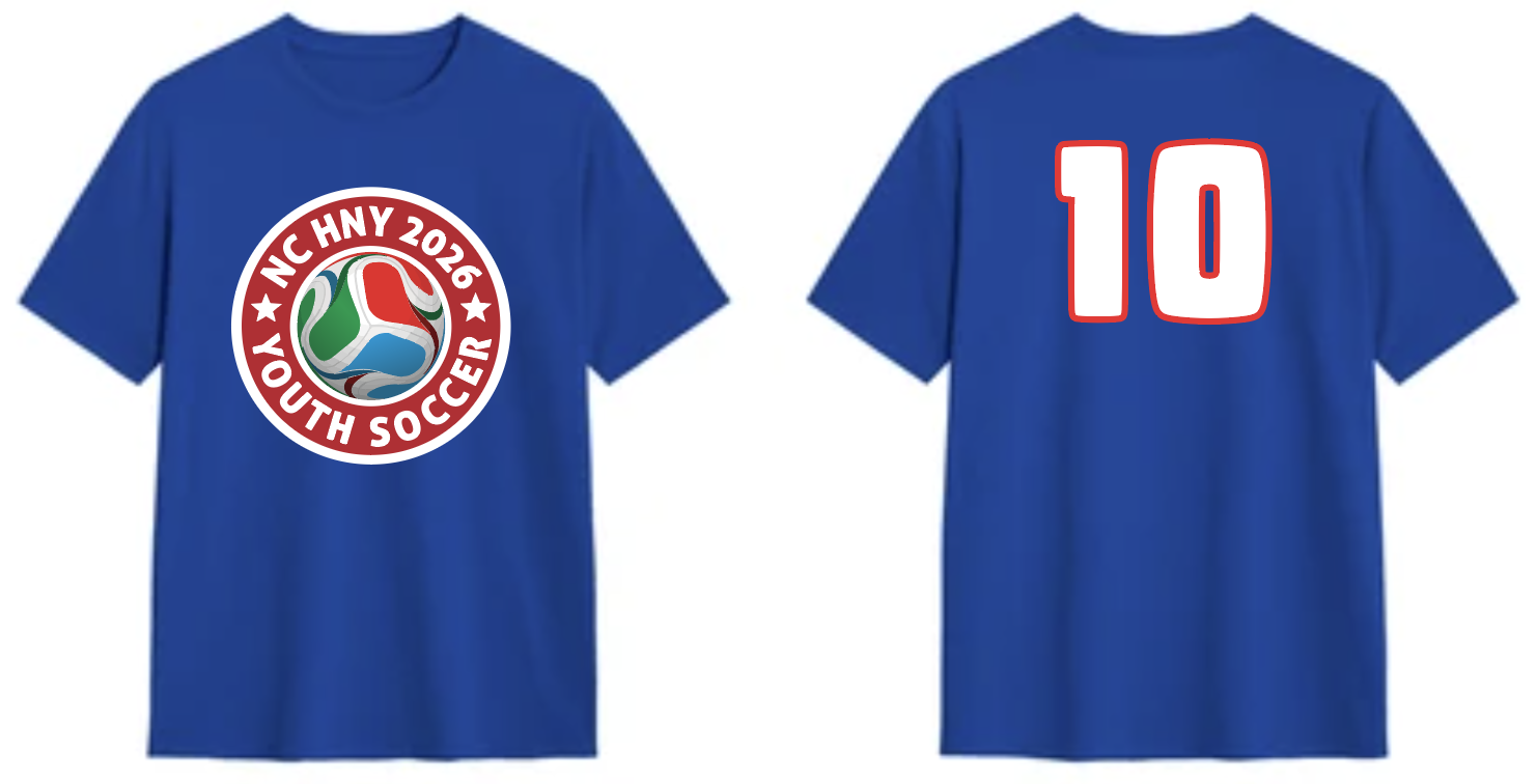 Blue shirt — NC HNY 2026 Youth Soccer jersey, front crest and back number